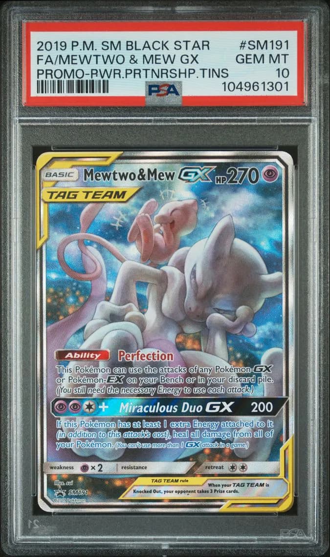 2019 #SM191 Full Art/Mewtwo & Mew GX PSA 10 SM Black Star Promo
