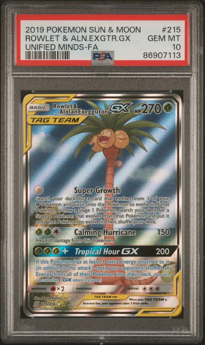 2019 #215 Full Art/Rowlet & Alolan Exeggutor GX PSA 10 Sun & Moon Unified Minds Pokemon