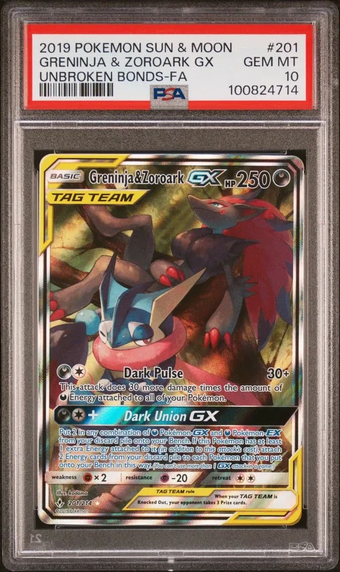 2019 #201 Full Art/Greninja & Zoroark GX PSA 10 Sun & Moon Unbroken Bonds