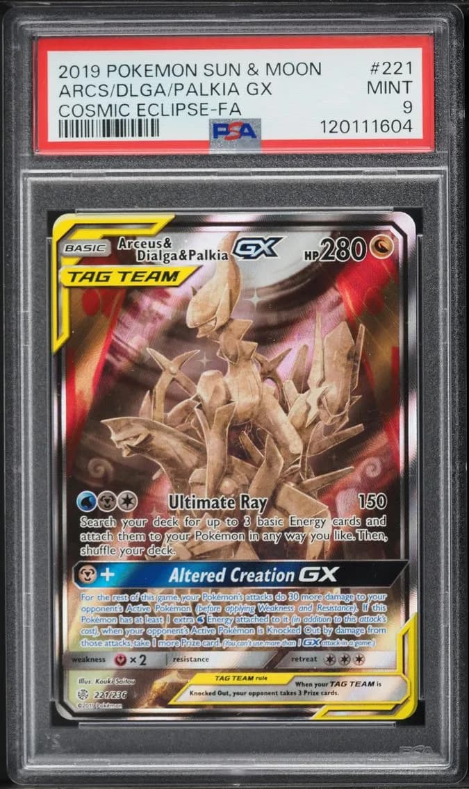 2019 #221 Full Art/Arceus & Dialga & Palkia GX PSA 9 Sun & Moon Cosmic Eclipse Pokemon
