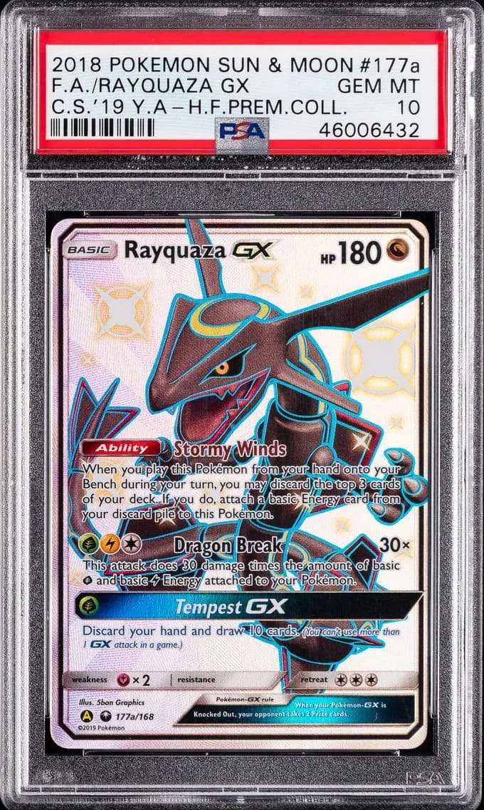 2018 #177a Full Art/Rayquaza GX PSA 10 Sun & Moon Celestial Storm Pokemon