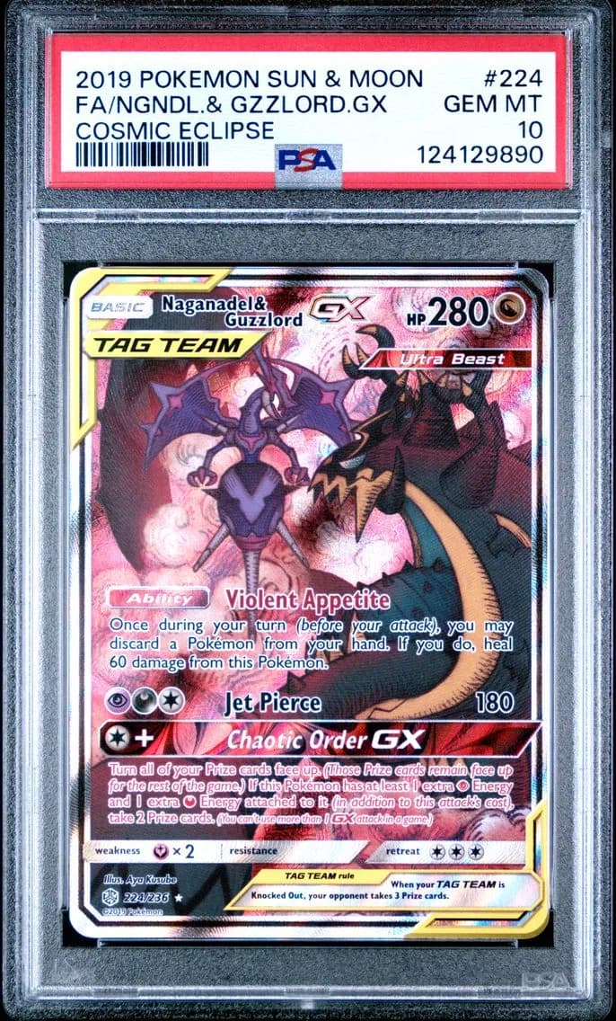2019 #224 Full Art/Naganadel & Guzzlord GX PSA 10 Sun & Moon Cosmic Eclipse