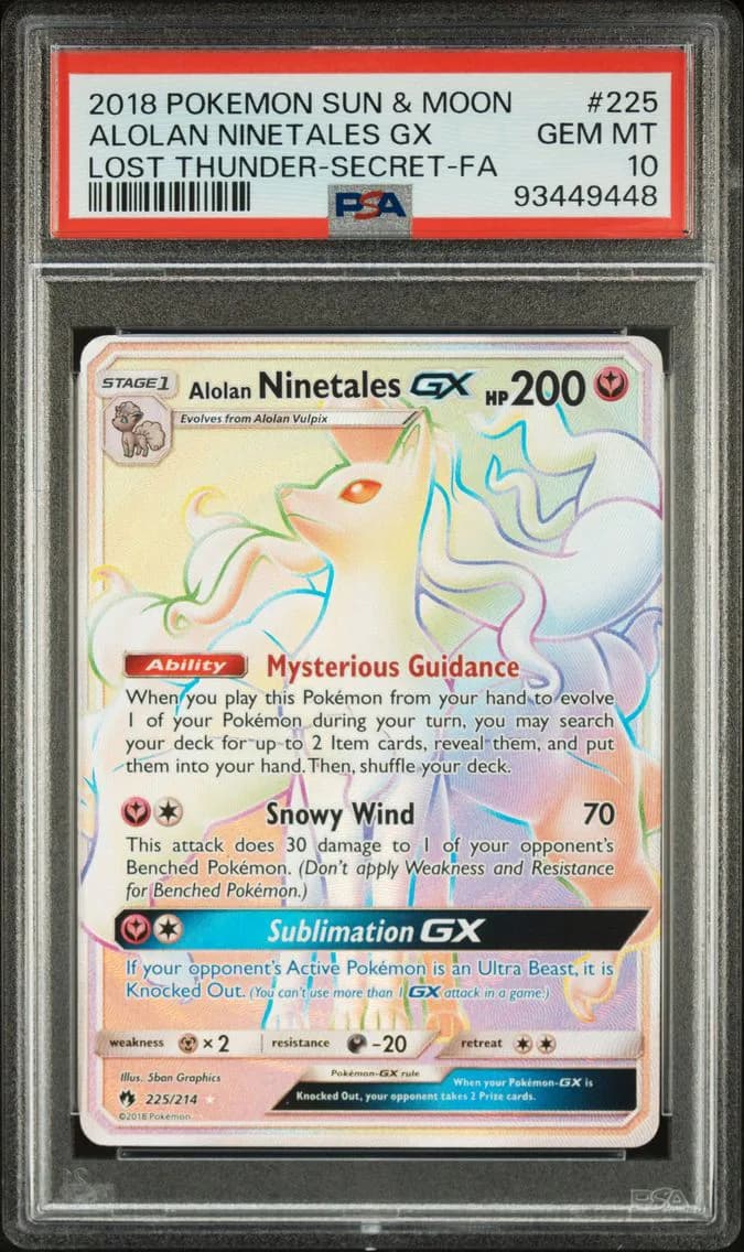 2018 #225 Full Art/Alolan Ninetales GX PSA 10 Sun & Moon Lost Thunder Pokemon