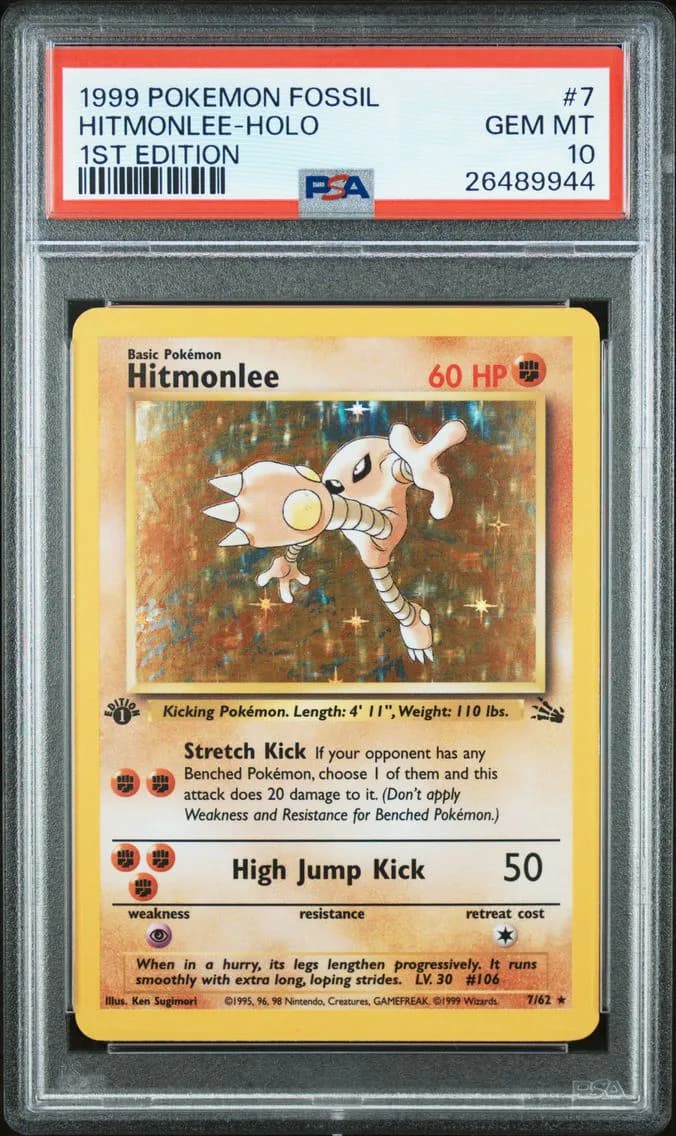 1999 #7 Hitmonlee-Holo 1st Edition PSA 10 Fossil