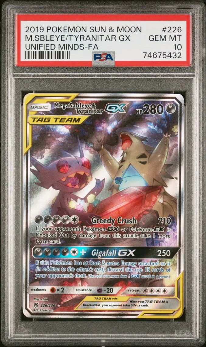 2019 #226 Full Art/Mega Sableye & Tyranitar GX PSA 10 Sun & Moon Unified Minds Pokemon