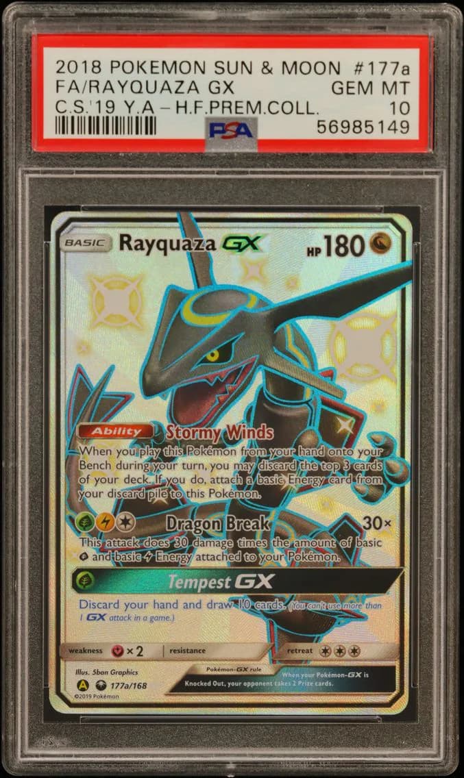 2018 #177a Full Art/Rayquaza GX PSA 10 Sun & Moon Celestial Storm