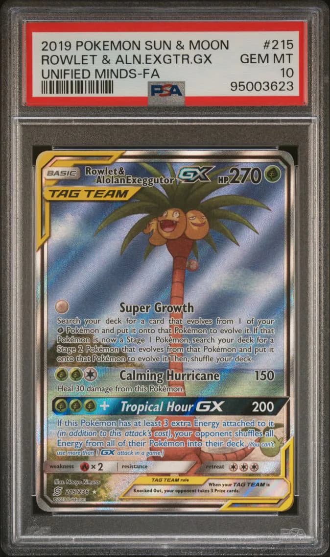 2019 #215 Full Art/Rowlet & Alolan Exeggutor GX PSA 10 Sun & Moon Unified Minds Pokemon