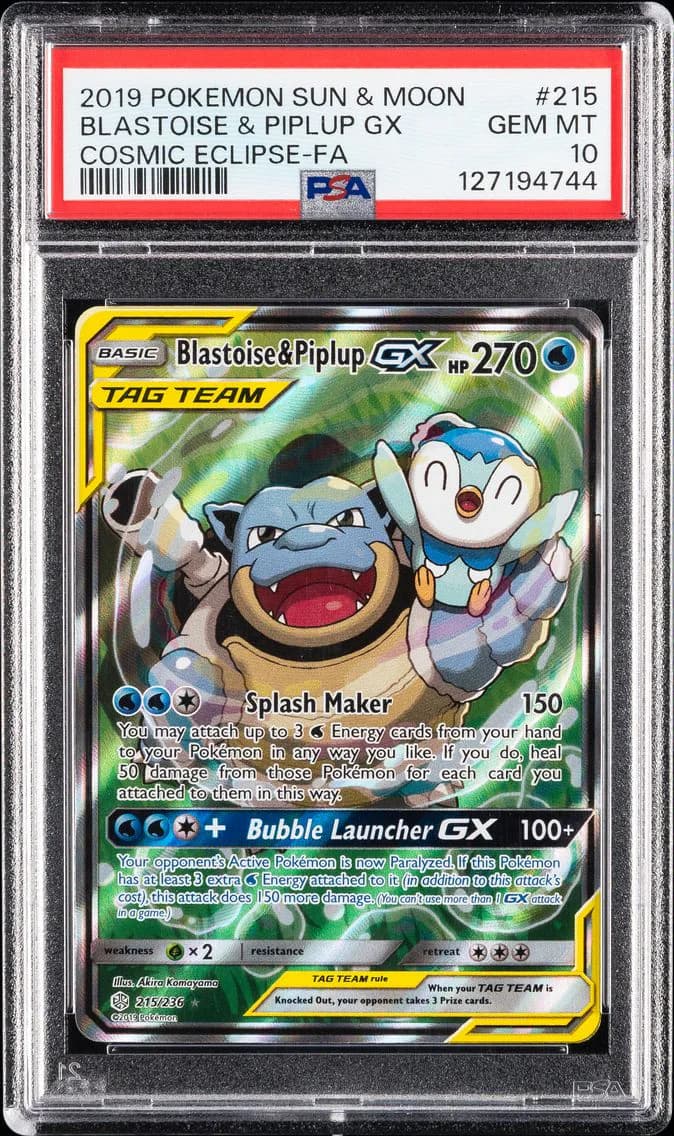 2019 #215 Full Art/Blastoise & Piplup GX PSA 10 Sun & Moon Cosmic Eclipse Pokemon