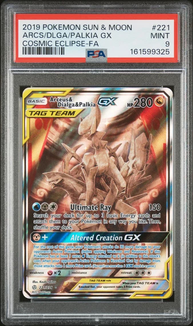 2019 #221 Full Art/Arceus & Dialga & Palkia GX PSA 9 Sun & Moon Cosmic Eclipse