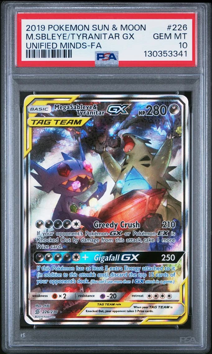 2019 #226 Full Art/Mega Sableye & Tyranitar GX PSA 10 Sun & Moon Unified Minds