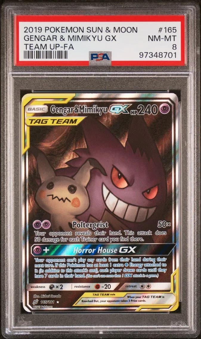 2019 #165 Full Art/Gengar & Mimikyu GX PSA 8 Sun & Moon Team Up Pokemon