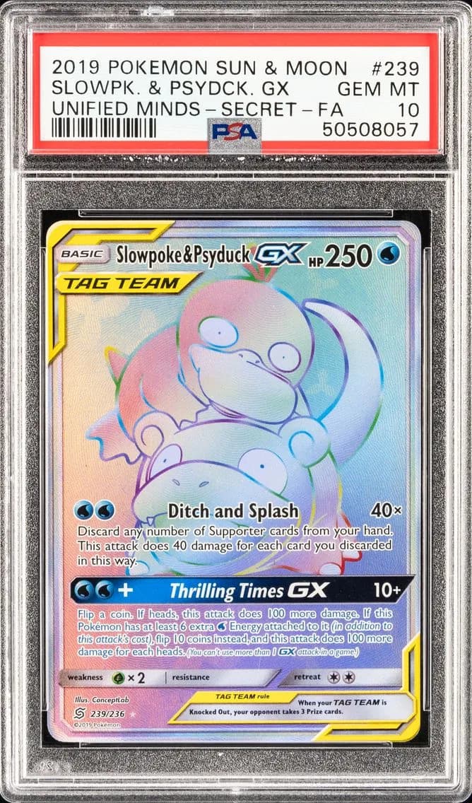 2019 #239 FULL ART/SLOWPOKE & PSYDUCK GX PSA 10 POKEMON SUN & MOON UNIFIED MINDS | SECRET