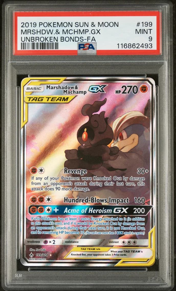 2019 #199 Full Art/Marshadow & Machamp GX PSA 9 Sun & Moon Unbroken Bonds