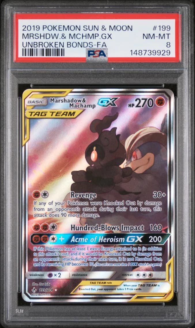 2019 #199 Full Art/Marshadow & Machamp GX PSA 8 Sun & Moon Unbroken Bonds