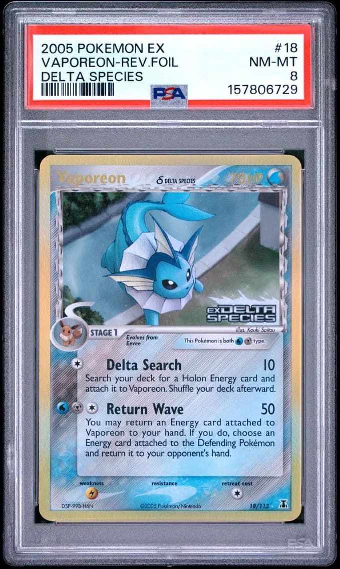 2005 #18 Vaporeon-Reverse Foil PSA 8 EX Delta Species
