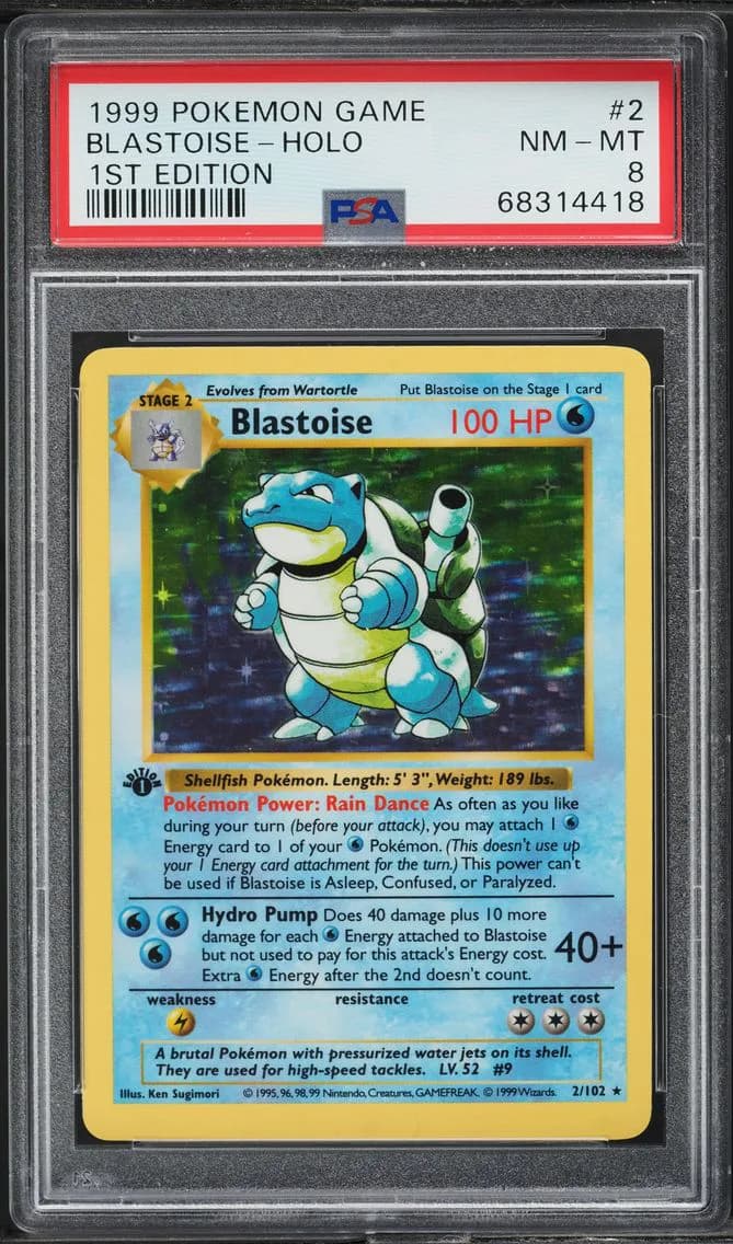 1999 #2 Blastoise PSA 8 Pokemon Base Set Shadowless 1st Edition Holo