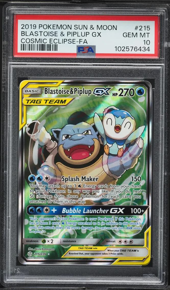 2019 #215 Full Art/Blastoise & Piplup GX PSA 10 Sun & Moon Cosmic Eclipse Pokemon