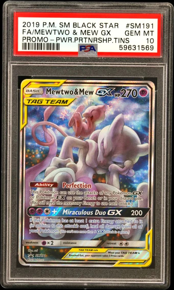 2019 #SM191 Full Art/Mewtwo & Mew GX PSA 10 SM Black Star Promo