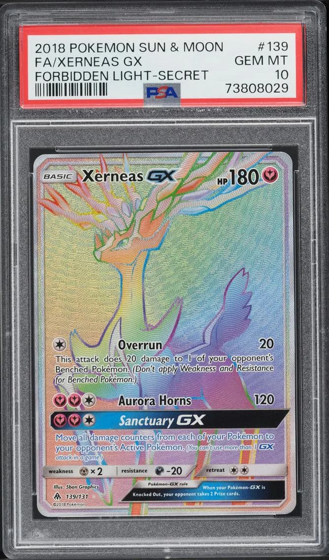 2018 #139 SUN & MOON FORBIDDEN LIGHT HYPER RARE XERNEAS GX PSA 10 POKEMON