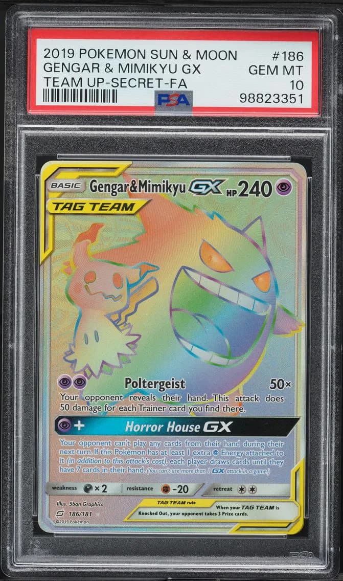 2019 #186 Full Art/Gengar & Mimikyu GX PSA 10 Sun & Moon Team Up Pokemon