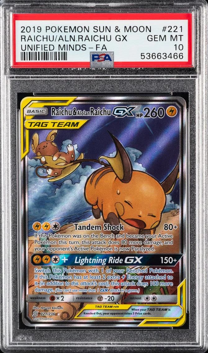 2019 #221 Full Art/Raichu & Alolan Raichu GX PSA 10 Sun & Moon Unified Minds Pokemon