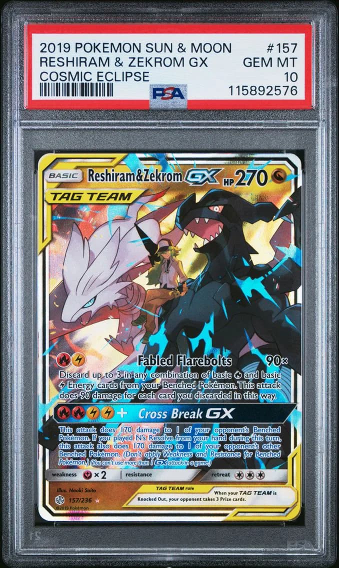 2019 #157 Reshiram & Zekrom GX PSA 10 Sun & Moon Cosmic Eclipse Pokemon