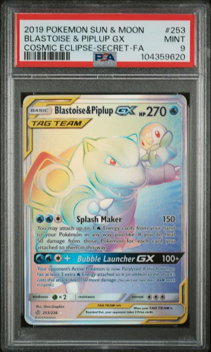 2019 #253 Full Art/Blastoise & Piplup GX Secret PSA 9 Sun & Moon Cosmic Eclipse Pokemon
