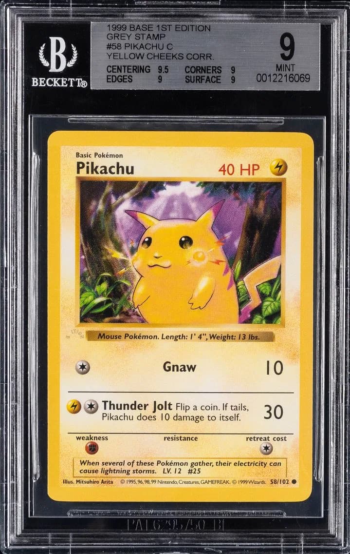 1999 #58 Pikachu BGS 9 Base Set | 1st Edition Grey Stamp