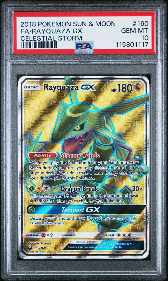 2018 #160 Full Art/Rayquaza GX PSA 10 Sun & Moon Celestial Storm Pokemon