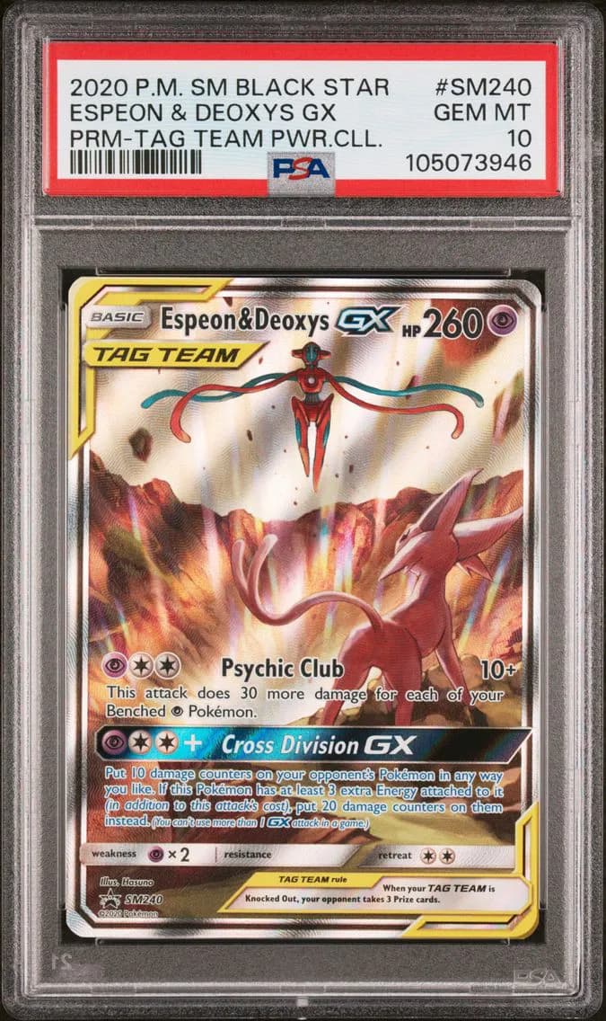 2020 #SM240 Espeon & Deoxys GX PSA 10 SM Black Star Promo
