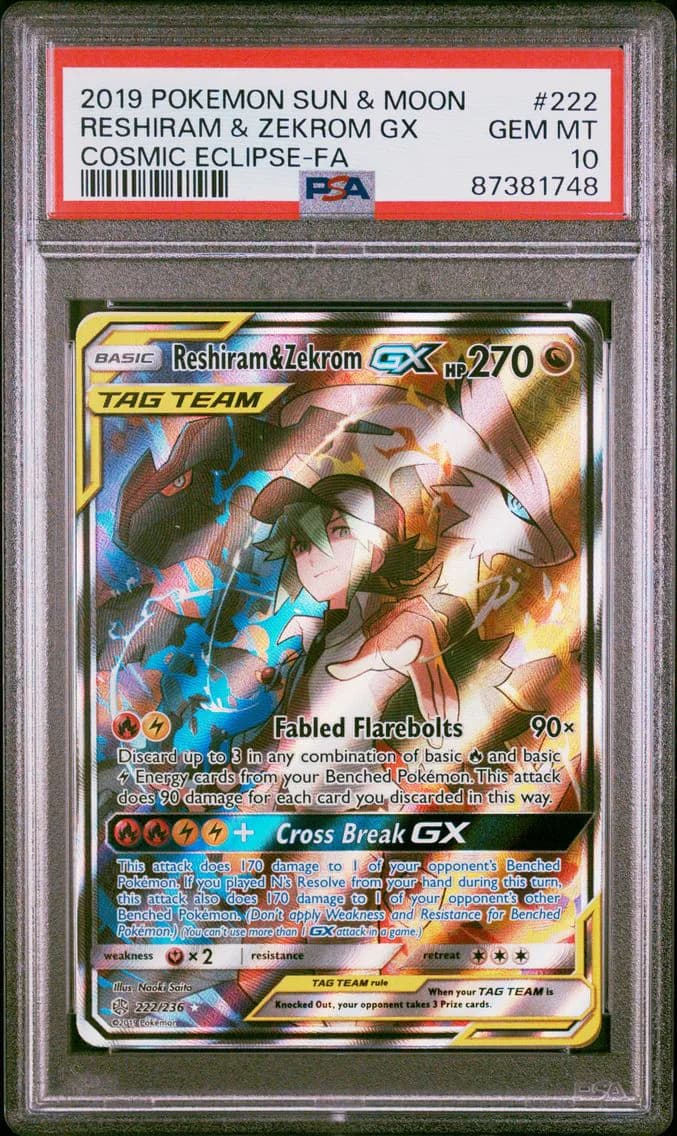 2019 #222 Full Art/Reshiram & Zekrom GX PSA 10 Sun & Moon Cosmic Eclipse Pokemon