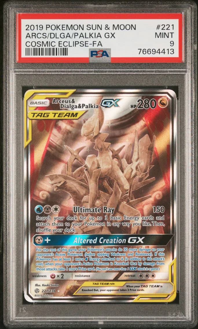 2019 #221 Full Art/Arceus & Dialga & Palkia GX PSA 9 Sun & Moon Cosmic Eclipse Pokemon