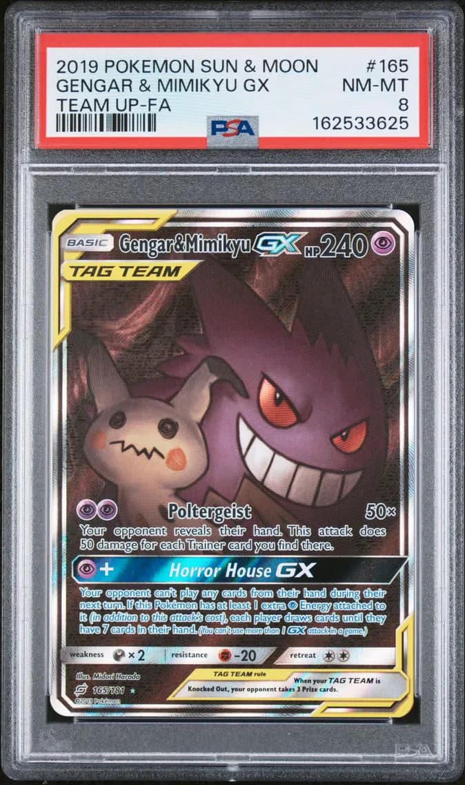 2019 #165 Full Art/Gengar & Mimikyu GX PSA 8 Sun & Moon Team Up