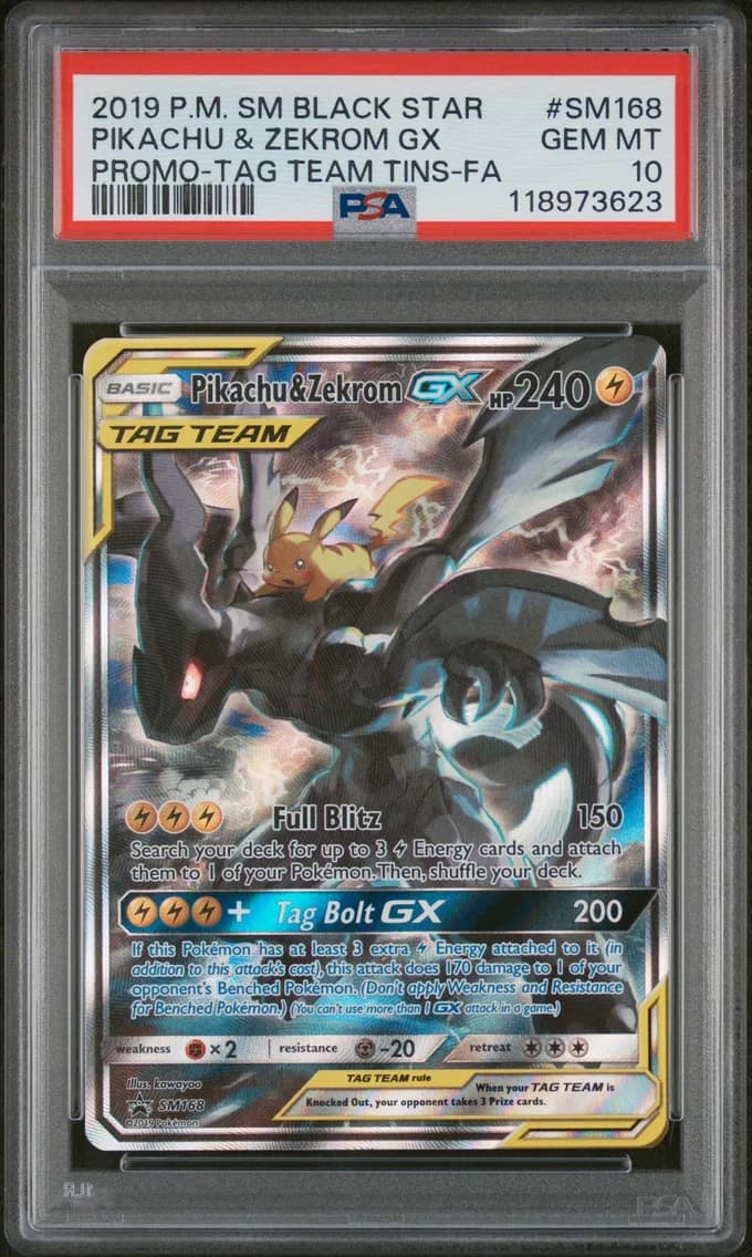2019 #SM168 Full Art/Pikachu & Zekrom GX PSA 10 SM Black Star Promo