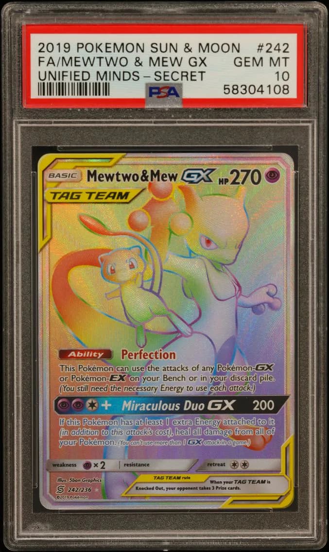 2019 #242 Full Art/Mewtwo & Mew GX PSA 10 Sun & Moon Unified Minds