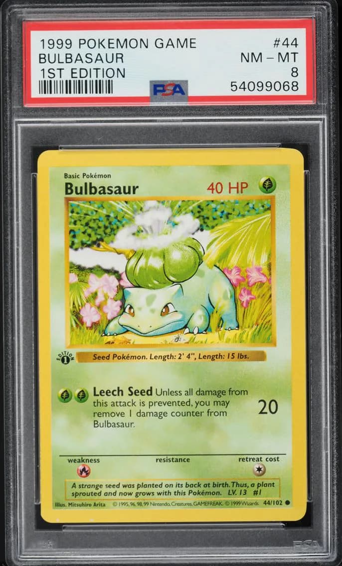 1999 #44 BASE SET SHADOWLESS 1ST EDITION BULBASAUR PSA 8  POKEMON