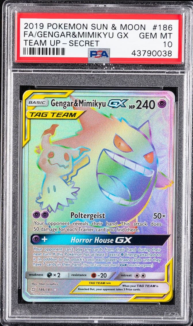 2019 #186 Full Art/Gengar & Mimikyu GX PSA 10 Sun & Moon Team Up Pokemon