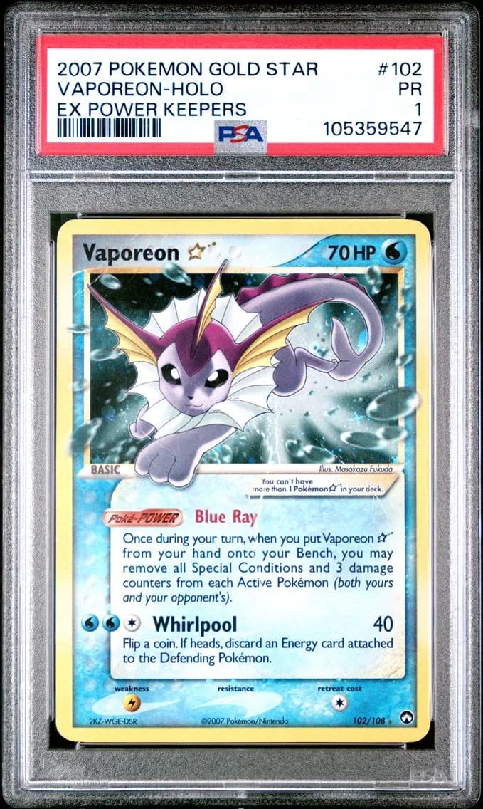 2007 #102 Vaporeon-Holo Gold Star PSA 1 EX Power Keepers