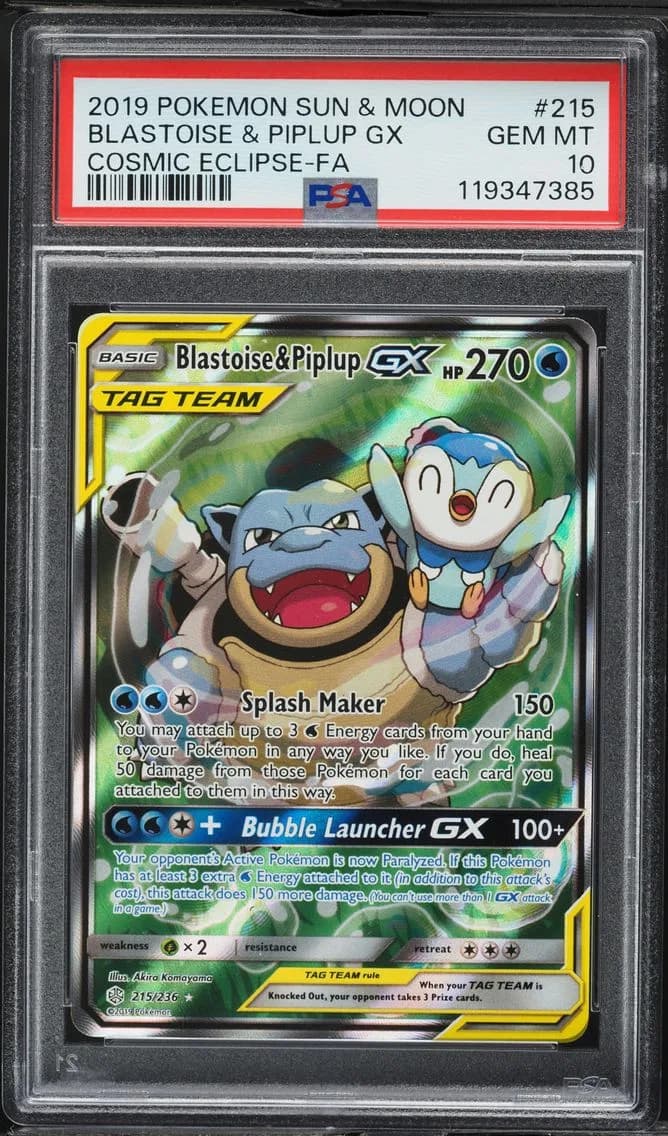 2019 #215 Full Art/Blastoise & Piplup GX PSA 10 Sun & Moon Cosmic Eclipse Pokemon
