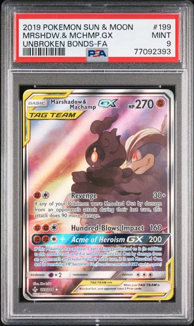 2019 #199 Full Art/Marshadow & Machamp GX PSA 9 Sun & Moon Unbroken Bonds Pokemon