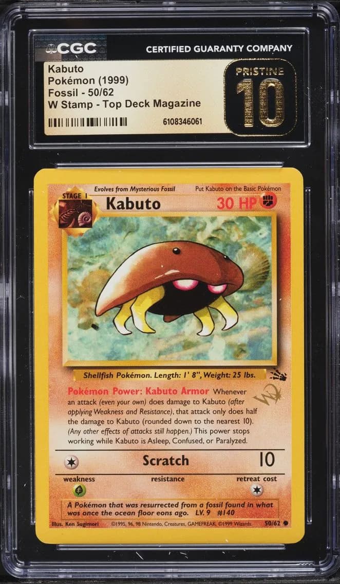 1999 #50 Kabuto CGC 10 Pokemon Fossil Top Deck Magazine W Stamp