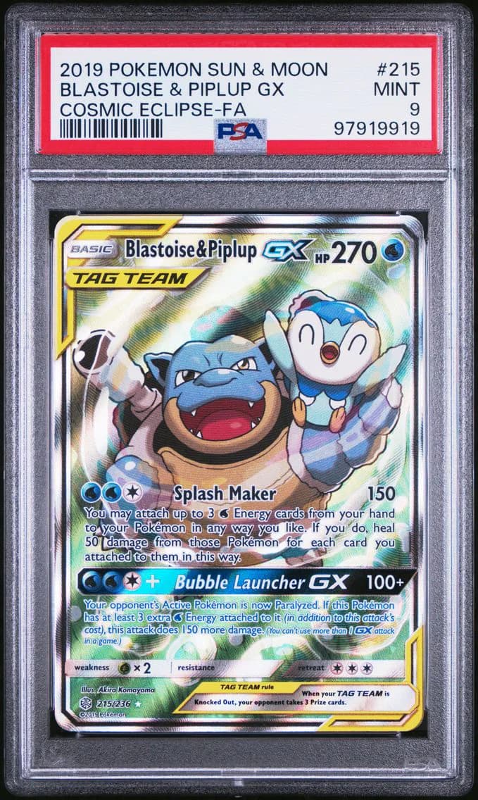 2019 #215 Full Art/Blastoise & Piplup GX PSA 9 Sun & Moon Cosmic Eclipse