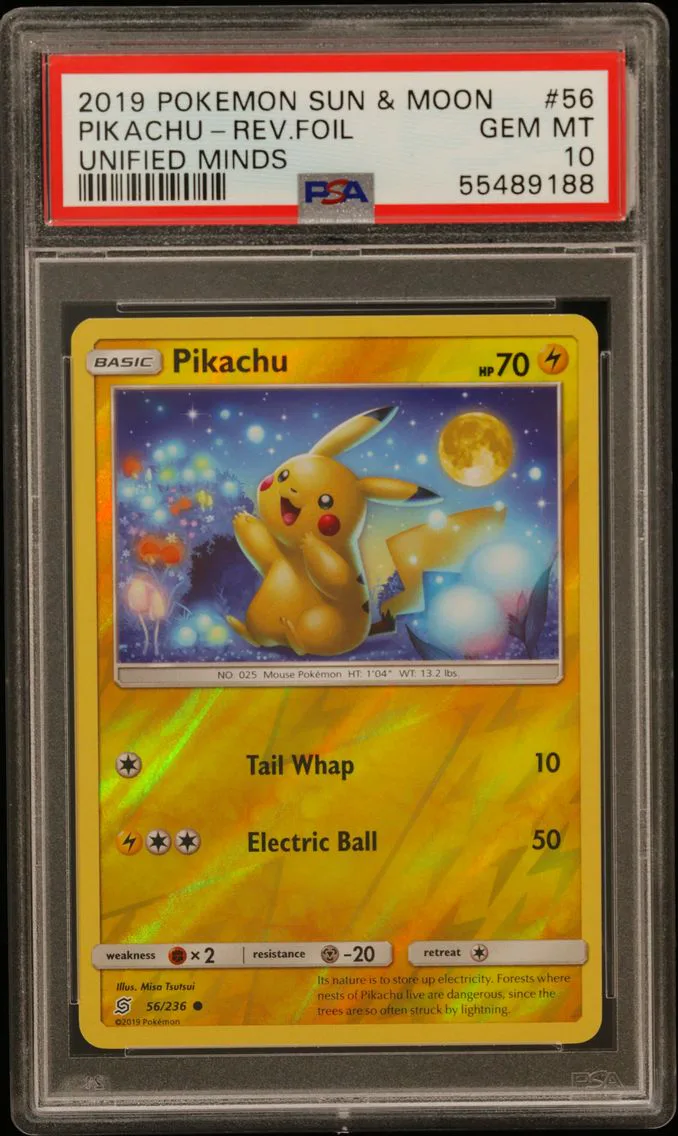 2019 #56 Pikachu-Reverse Foil PSA 10 Sun & Moon Unified Minds