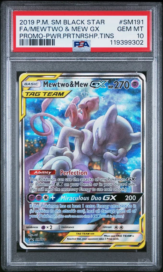 2019 #SM191 Full Art/Mewtwo & Mew GX PSA 10 SM Black Star Promo