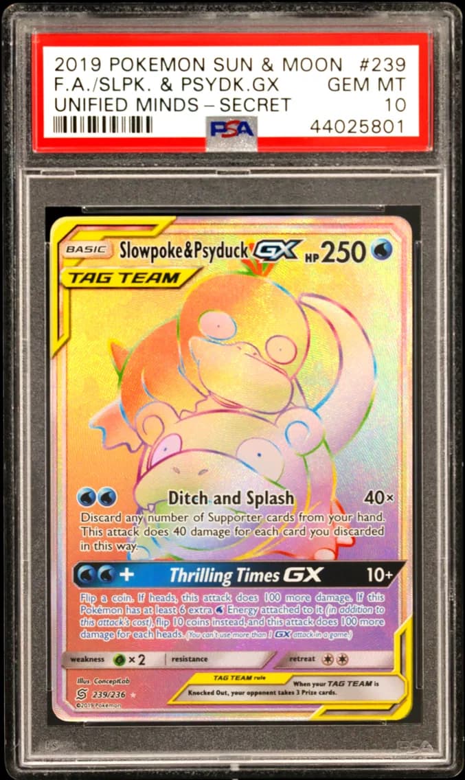 2019 #239 Full Art/Slowpoke & Psyduck GX PSA 10 Sun & Moon Unified Minds