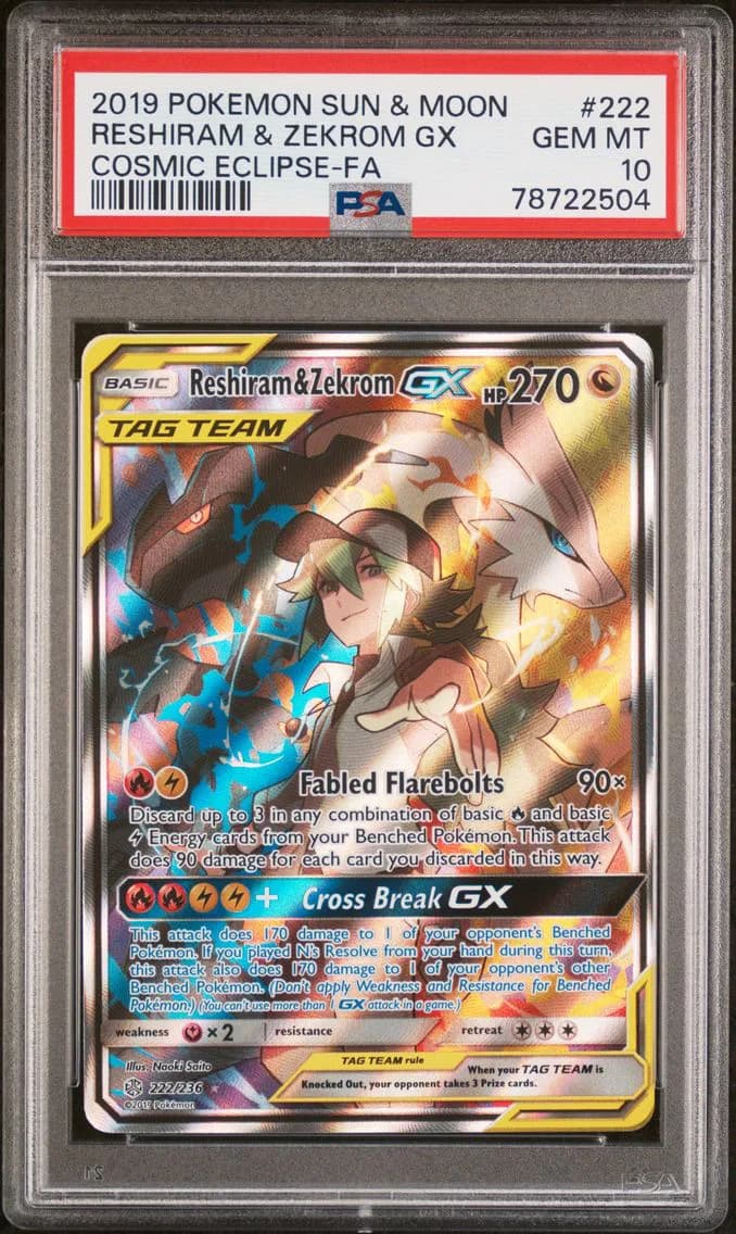 2019 #222 Full Art/Reshiram & Zekrom GX PSA 10 Sun & Moon Cosmic Eclipse