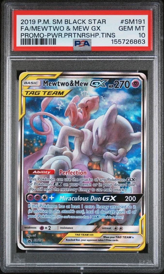 2019 #SM191 Full Art/Mewtwo & Mew GX PSA 10 SM Black Star Promo