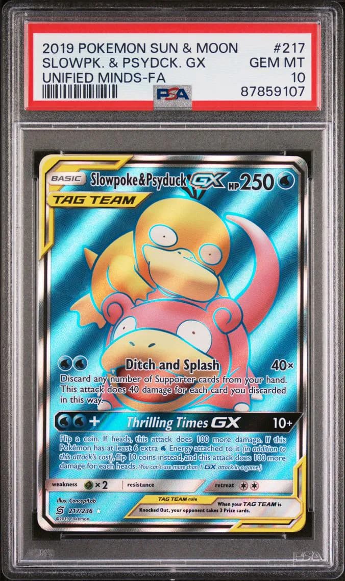 2019 #217 Full Art/Slowpoke & Psyduck GX PSA 10 Sun & Moon Unified Minds Pokemon