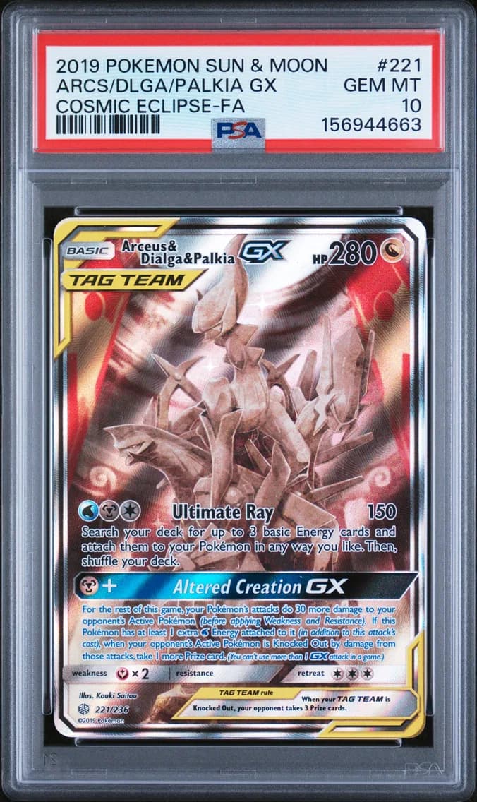 2019 #221 Full Art/Arceus & Dialga & Palkia GX PSA 10 Sun & Moon Cosmic Eclipse