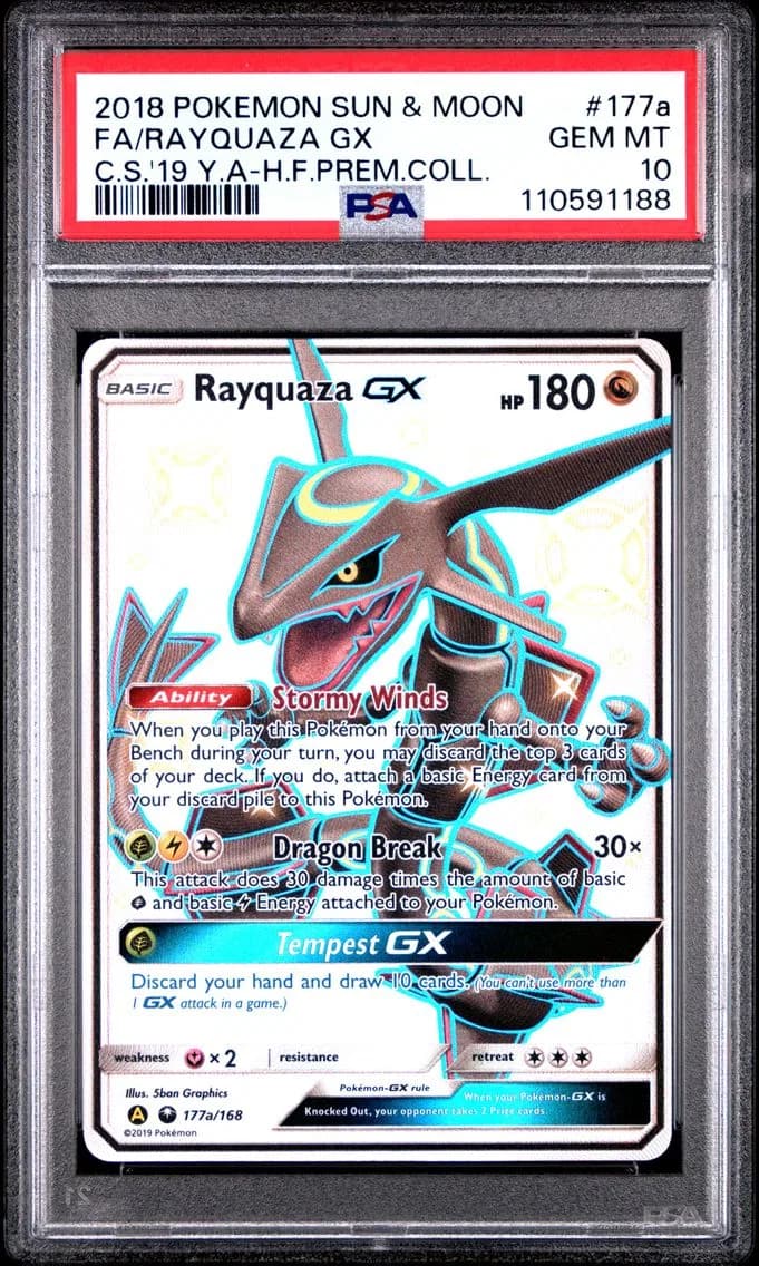 2018 #177a Full Art/Rayquaza GX PSA 10 Sun & Moon Celestial Storm